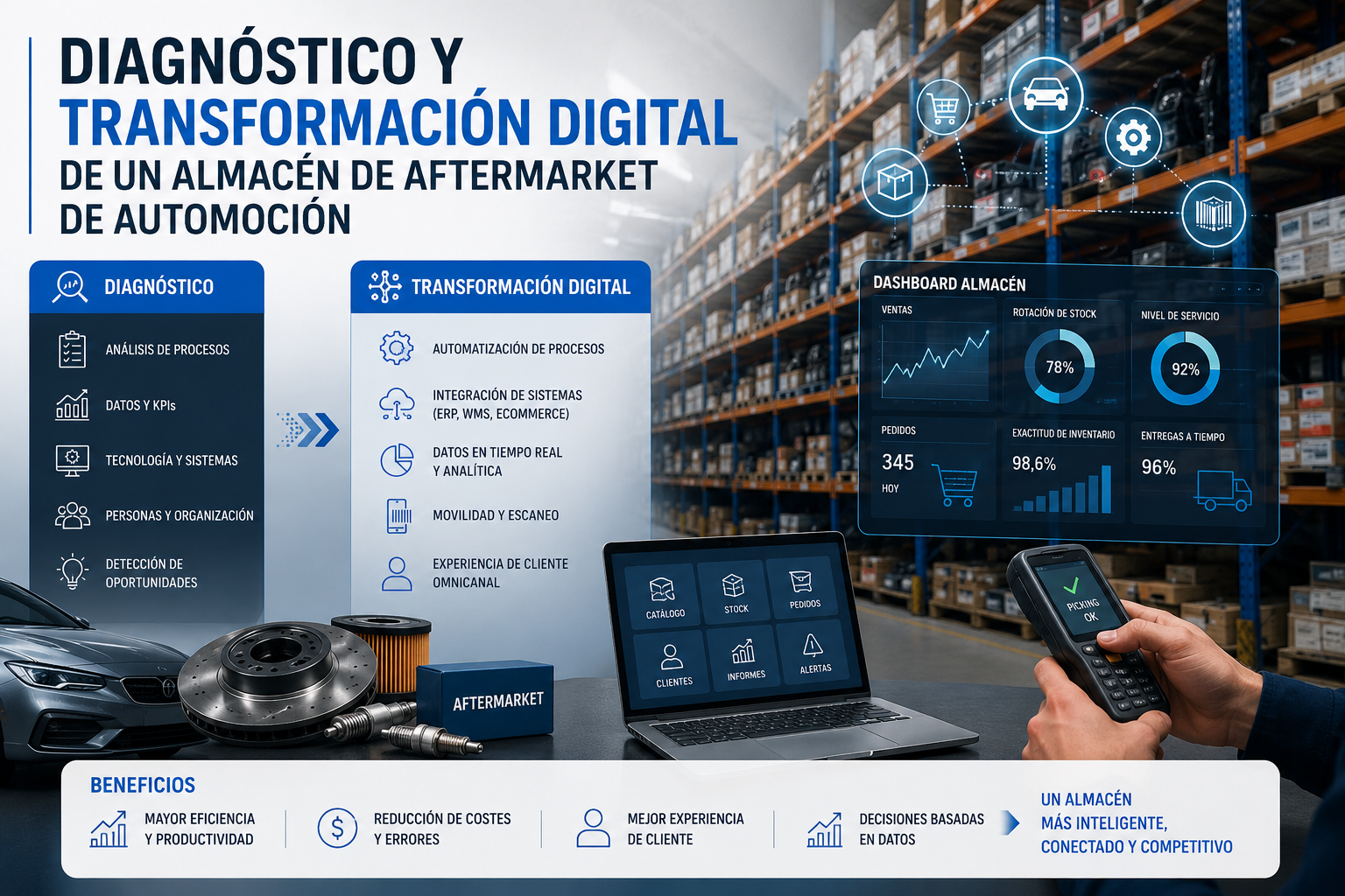 Infografía sobre diagnóstico y transformación digital de un almacén de recambios, con procesos conectados y análisis de datos.