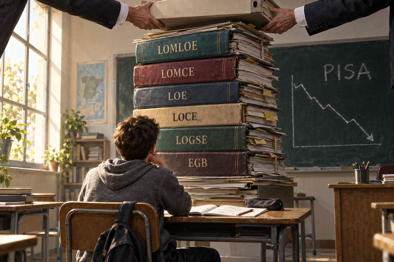 Un alumno frente a una torre de libros con las siglas de las reformas educativas españolas y una gráfica de PISA en la pizarra.