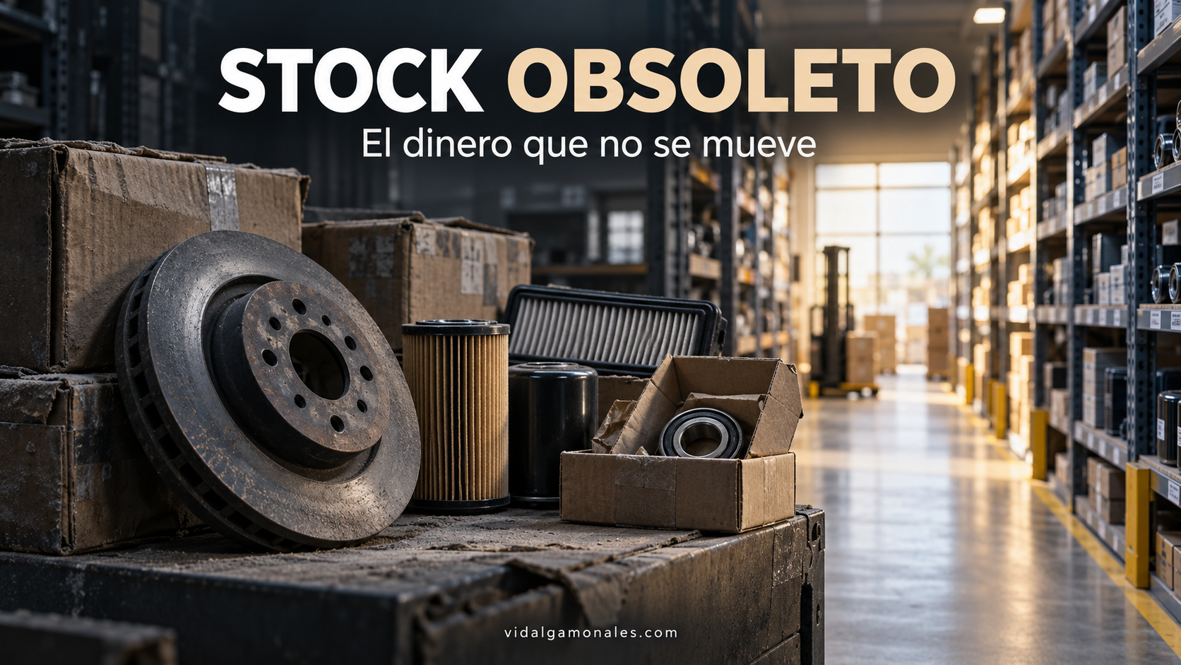 Piezas de automóvil almacenadas como stock obsoleto en un almacén de recambios