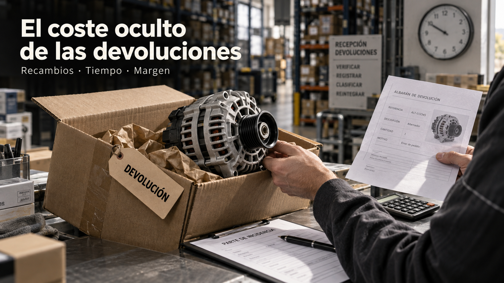 Revisión de un alternador devuelto y su documentación en un almacén de recambios
