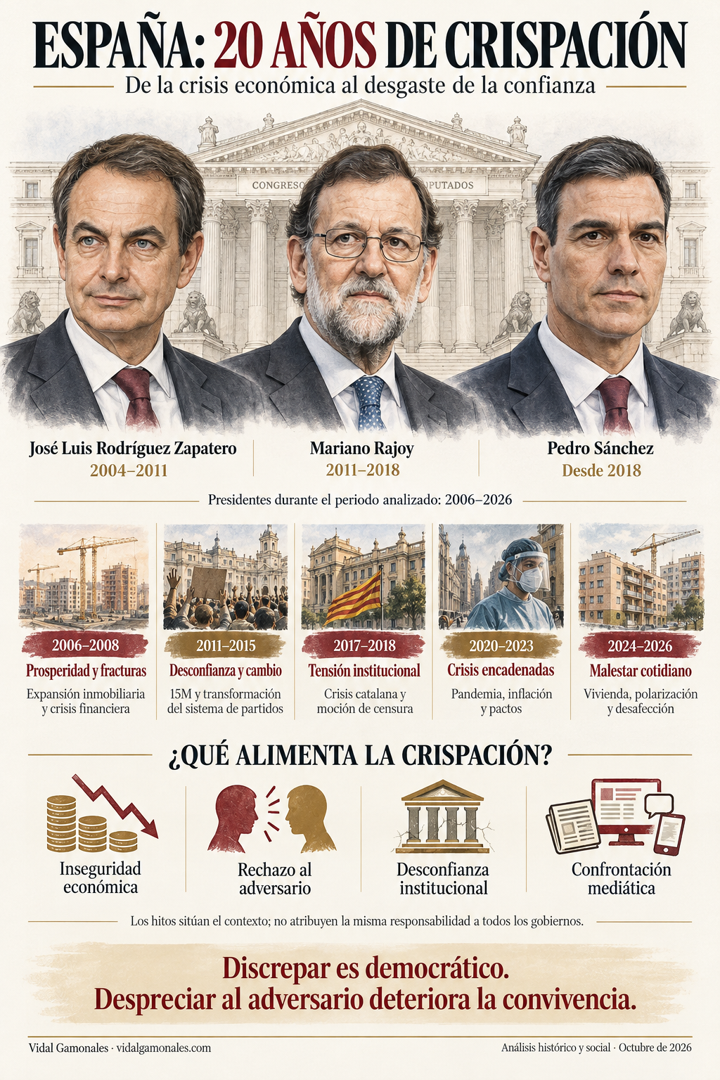 Infografía sobre la crispación en España entre 2006 y 2026, con Zapatero, Rajoy y Sánchez, hitos históricos y causas del malestar.