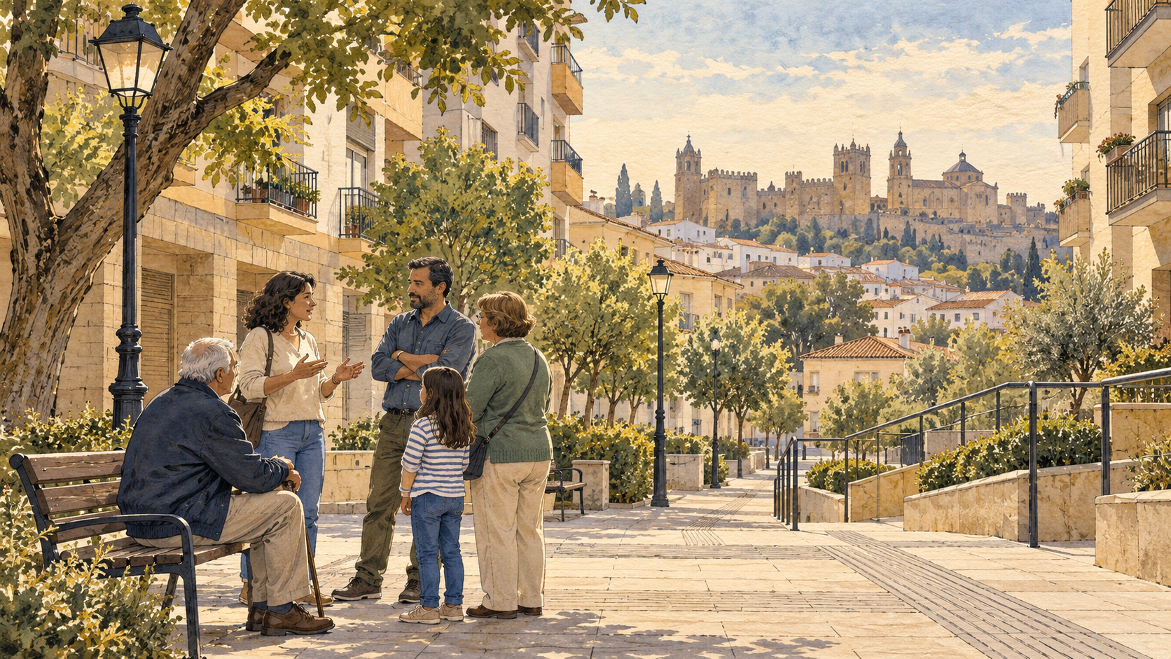 Ilustración de vecinos de distintas edades conversando en una calle inspirada en Cáceres.