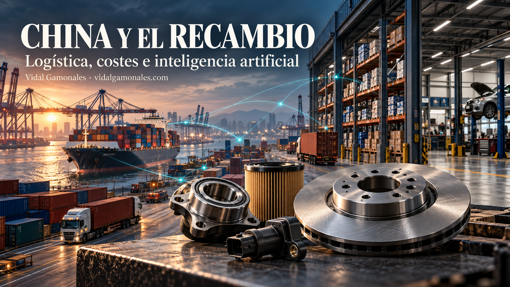 Ilustración de un puerto con contenedores, un almacén y recambios de automóvil conectados mediante líneas digitales que representan la inteligencia artificial.