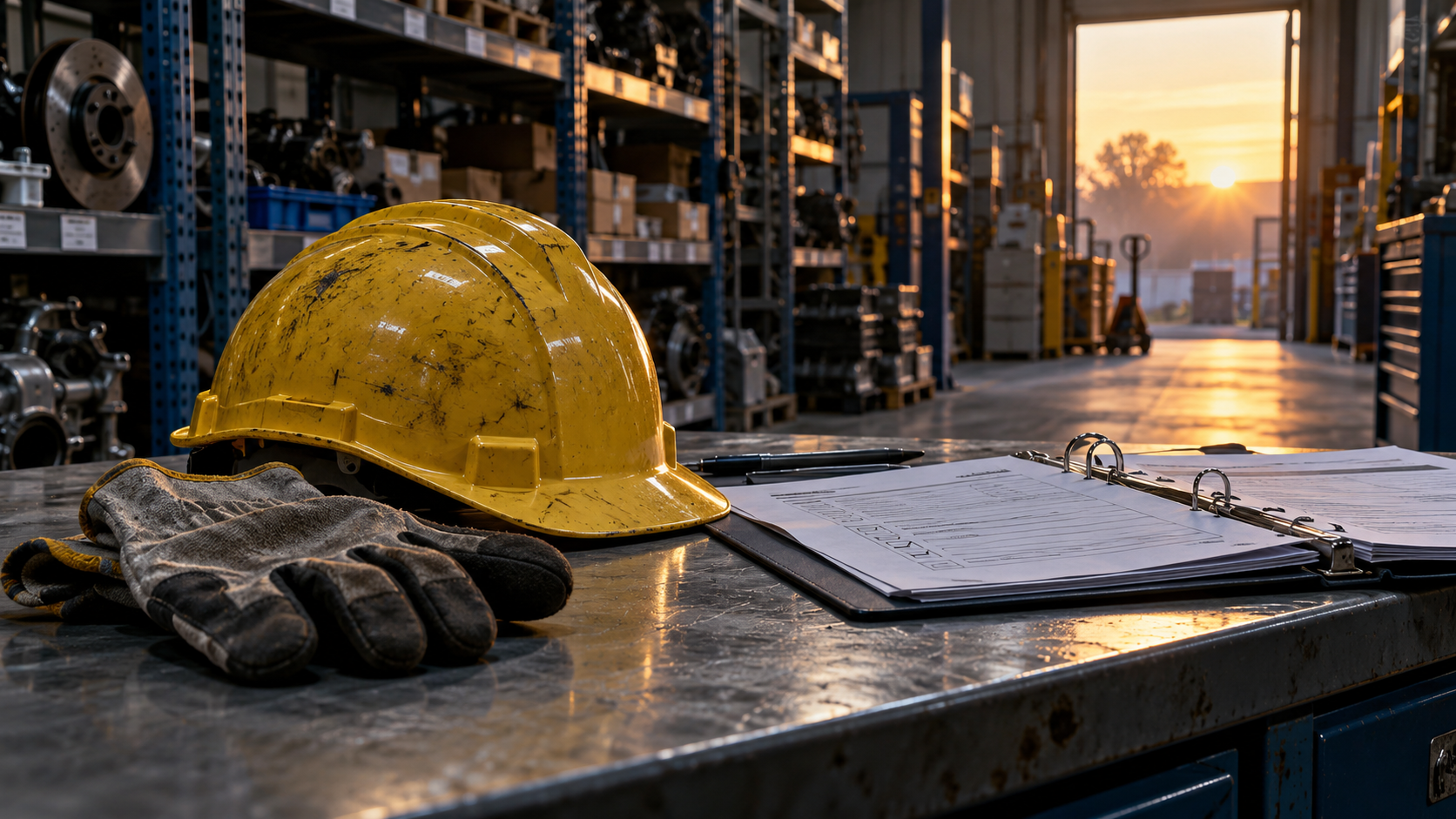 Casco amarillo y guantes de trabajo junto a documentos de prevención en un almacén de recambios, con una puerta iluminada al fondo.